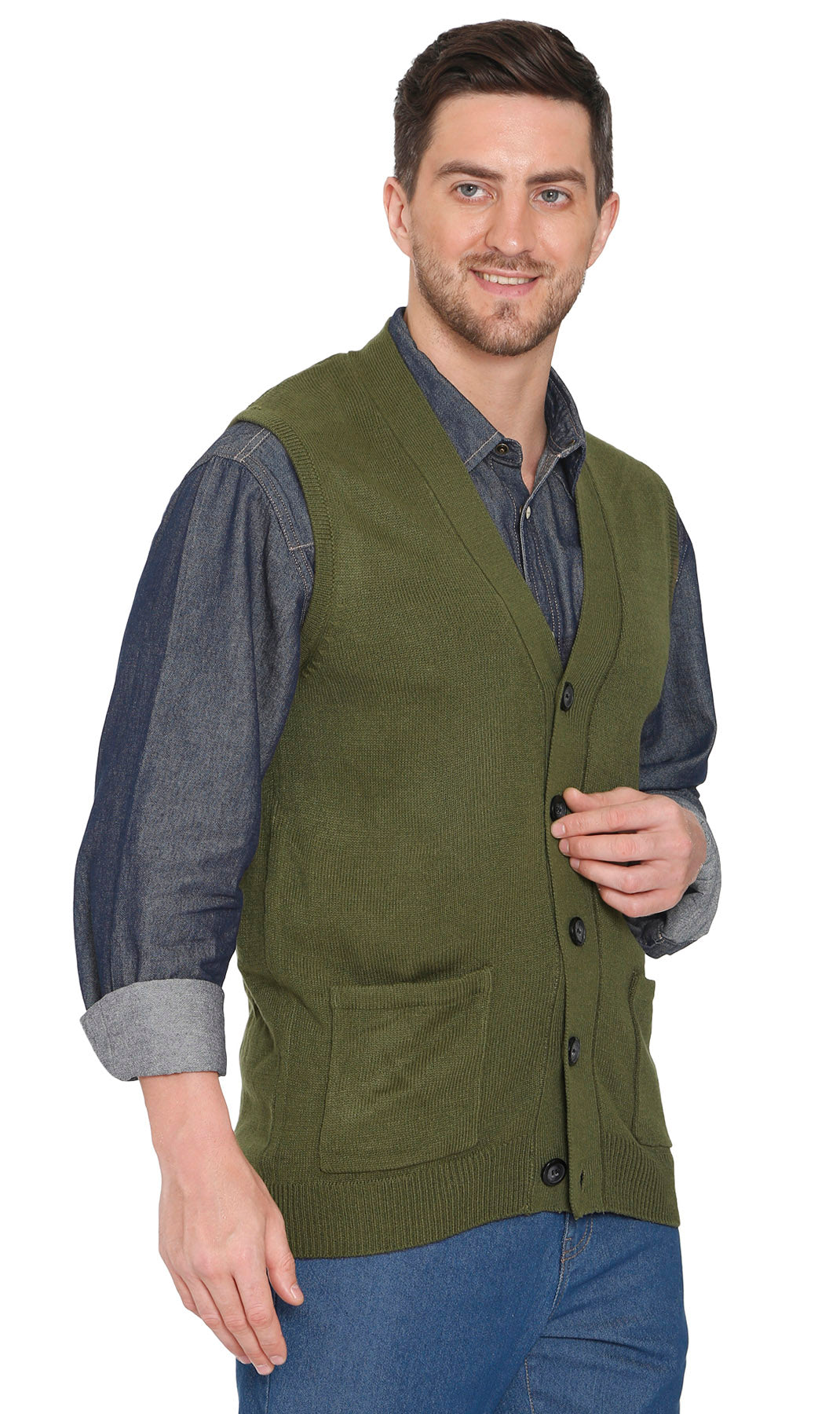 Men's cashmere-like button-front sweater vest with chest pockets, olive green