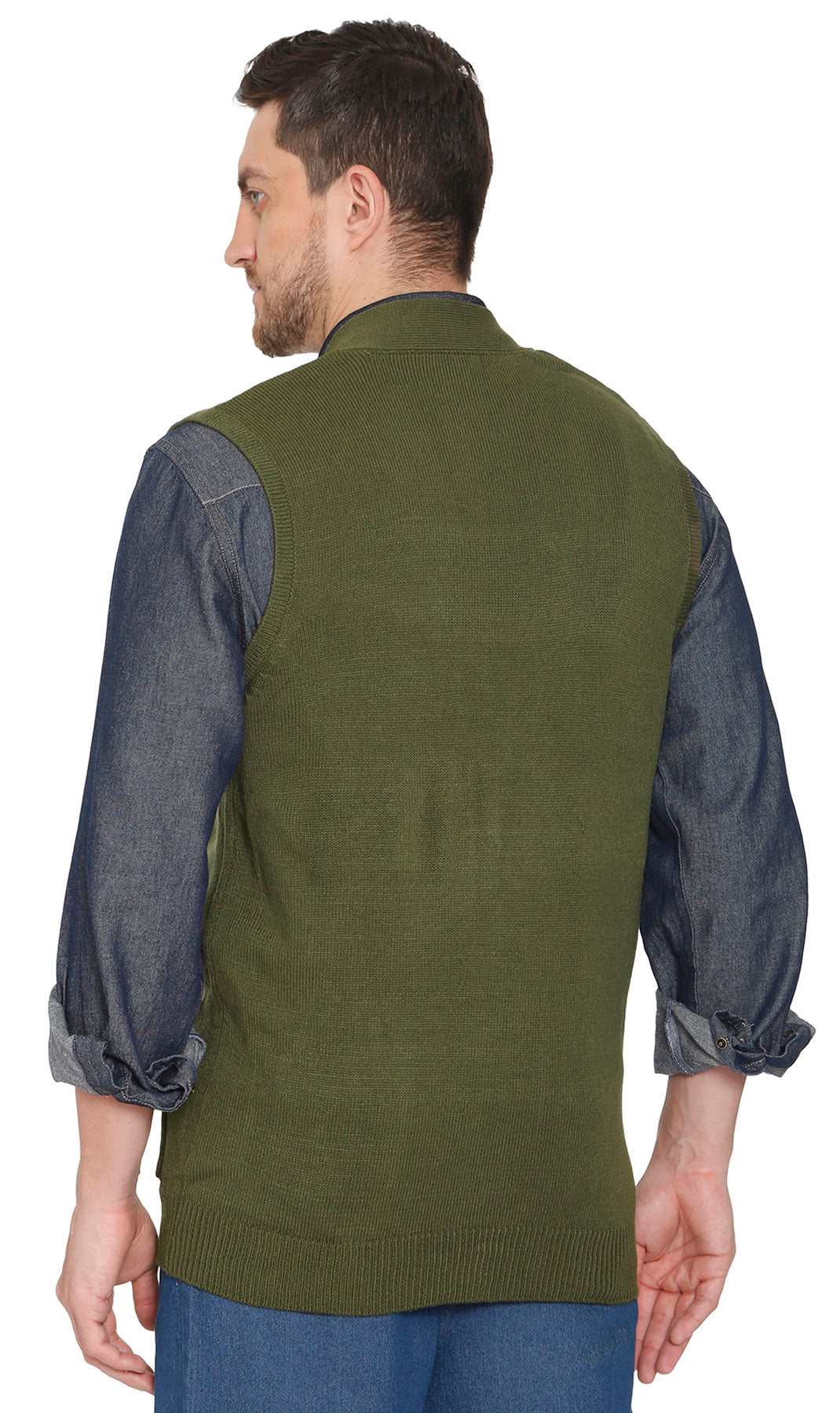 Men's cashmere-like button-front sweater vest with chest pockets, olive green, back view