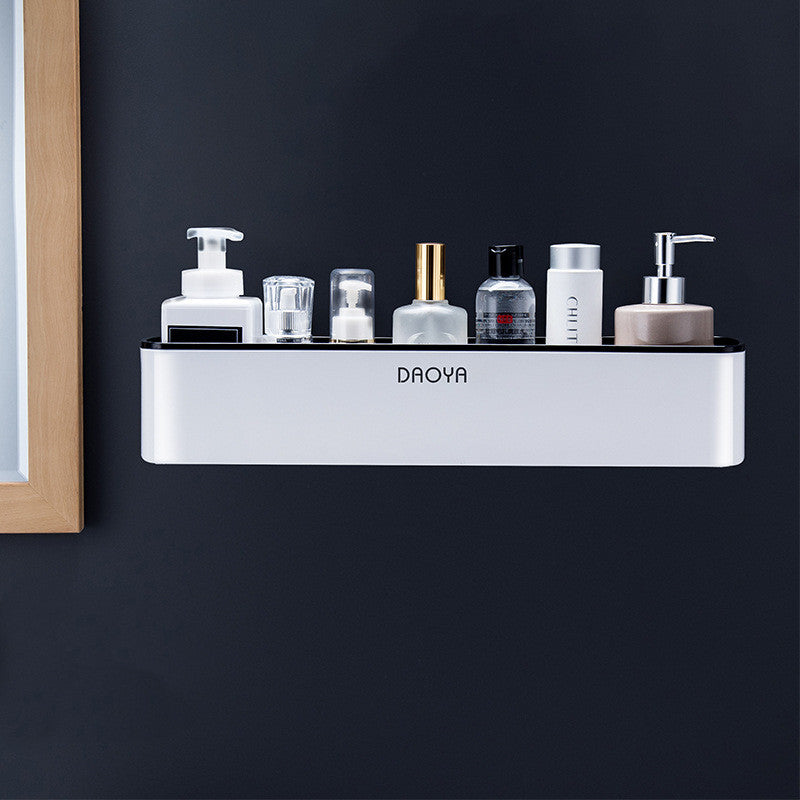 Wall-mounted bathroom shelf with single white top tier holding toiletries and bottles
