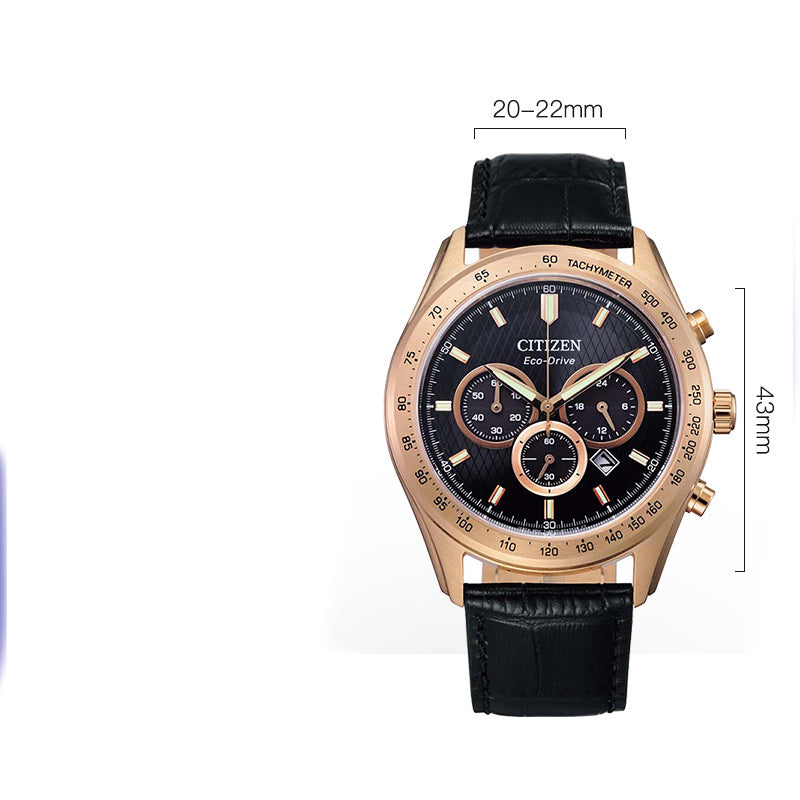 Men's chronograph watch with gold dial and black leather strap, 20–22mm.