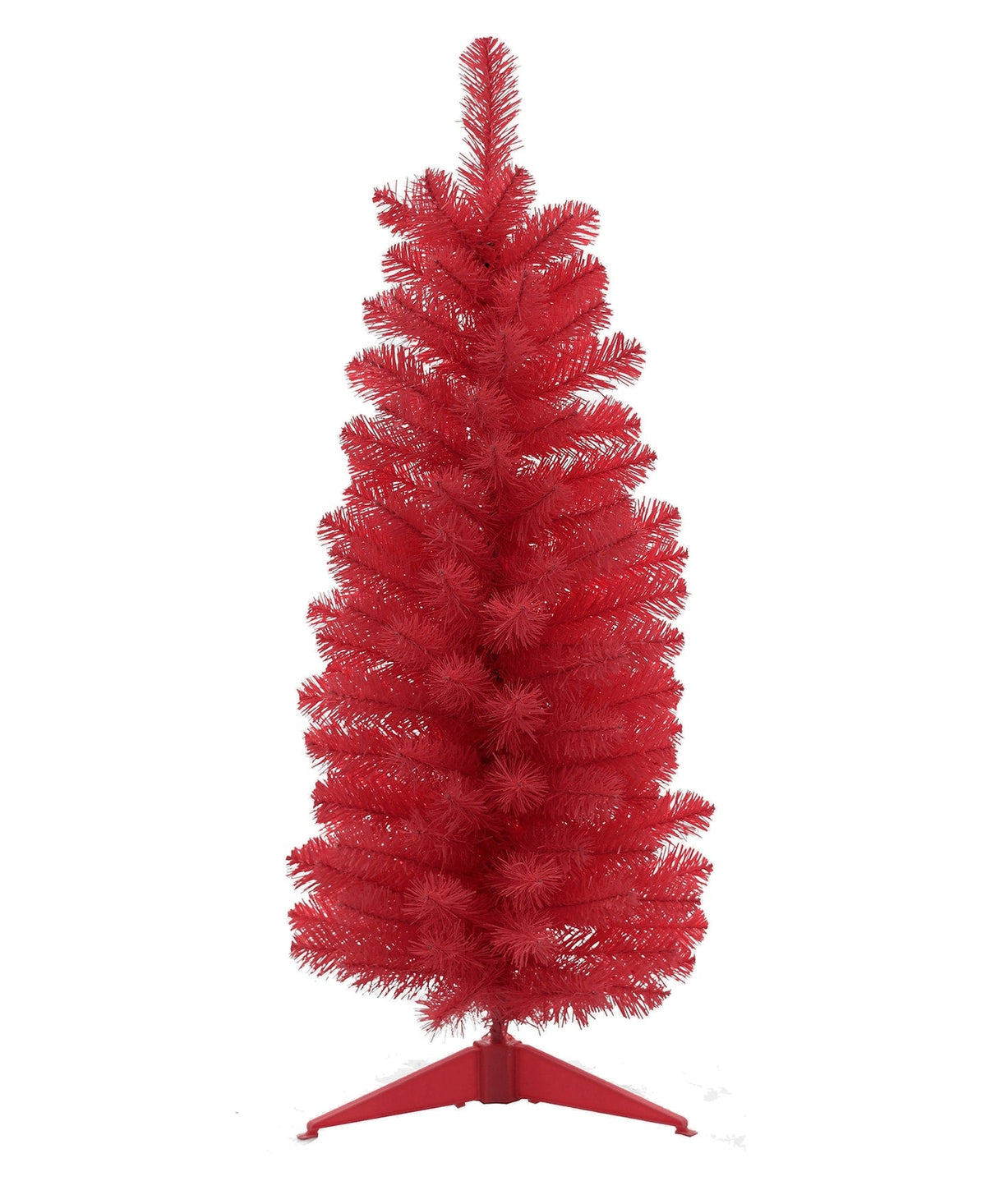 Red tabletop pencil Christmas tree with pointed plastic stand, full branches