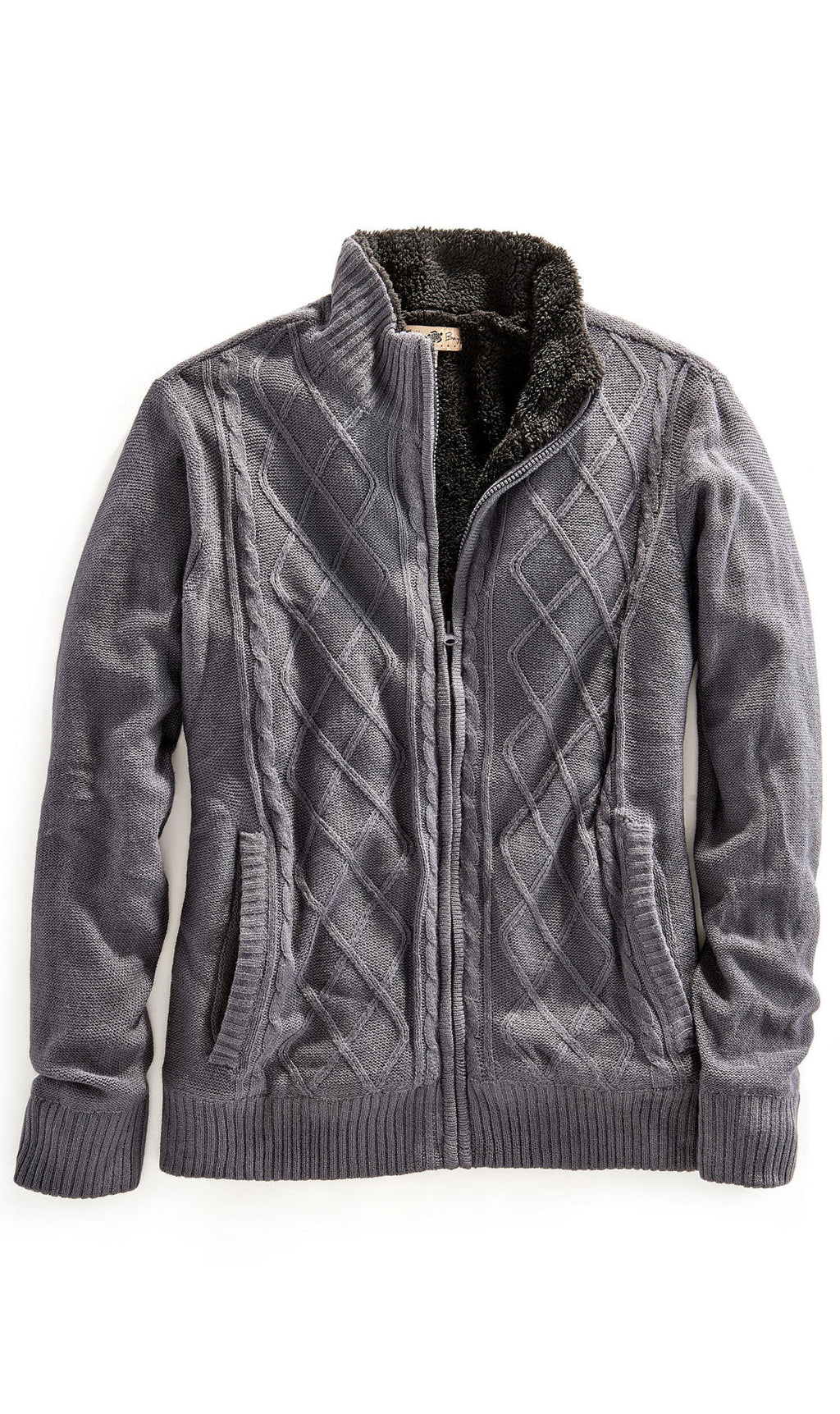 Men's sherpa fleece lined zip-front sweater jacket in charcoal, front flat lay