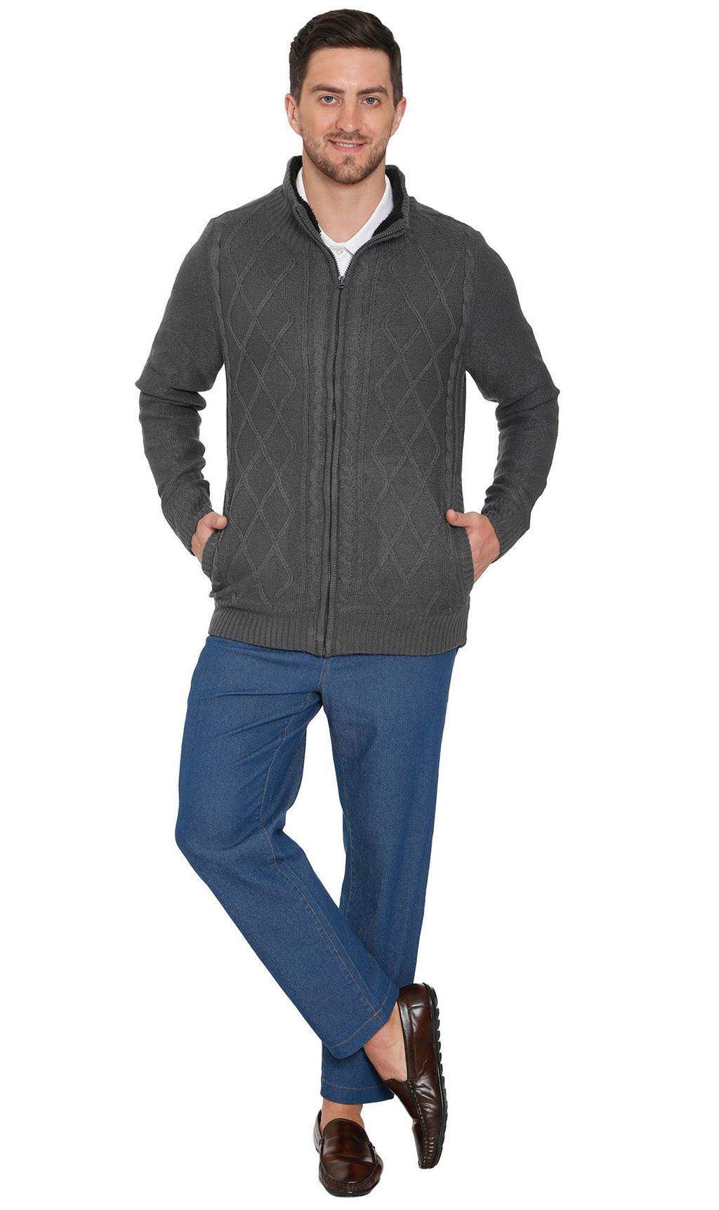 Men's sherpa fleece lined zip-front sweater jacket in charcoal, full front view