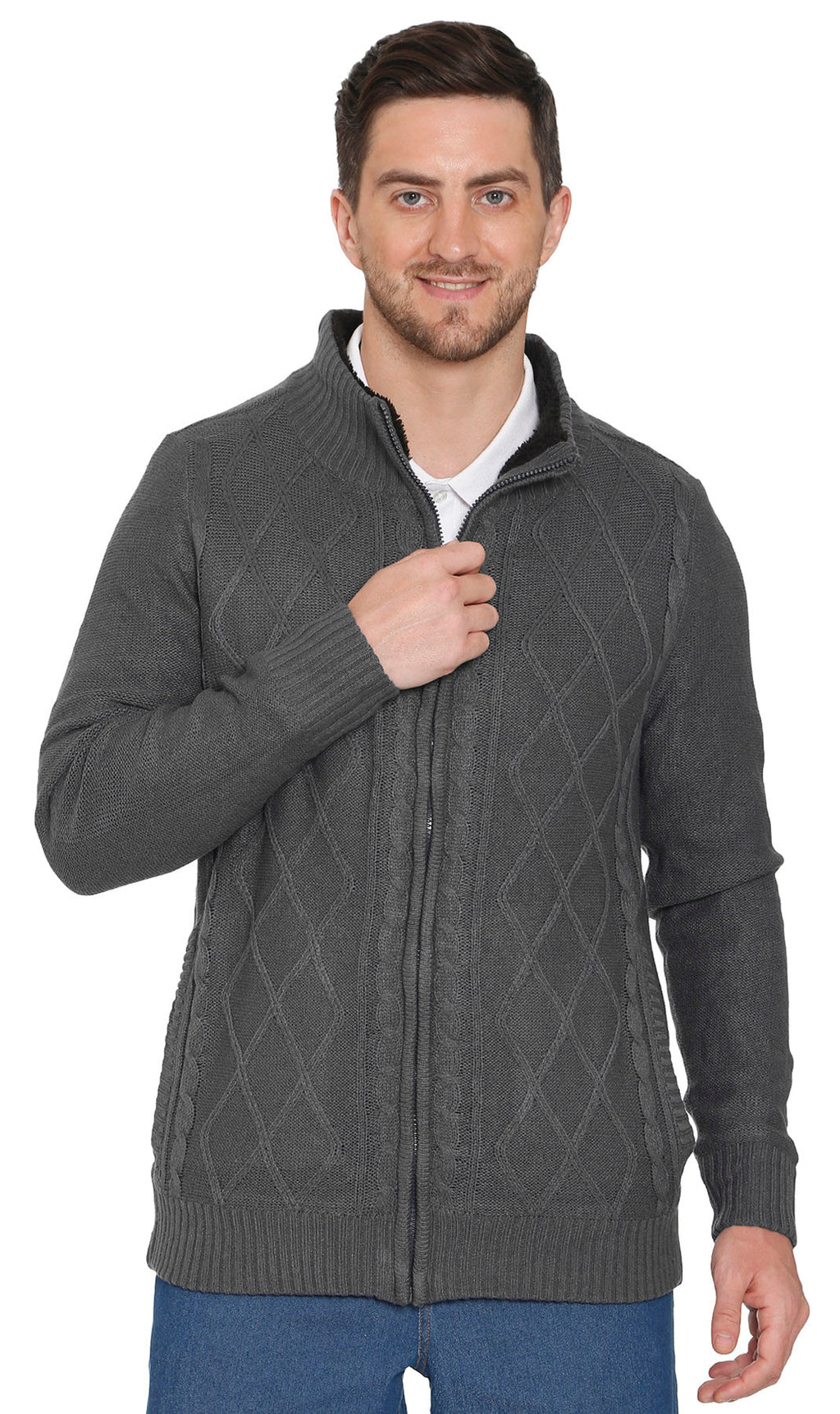 Men's sherpa fleece lined zip-front sweater jacket in charcoal with diamond knit pattern