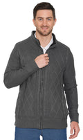 Men's sherpa fleece lined zip-front sweater jacket in charcoal with diamond knit pattern