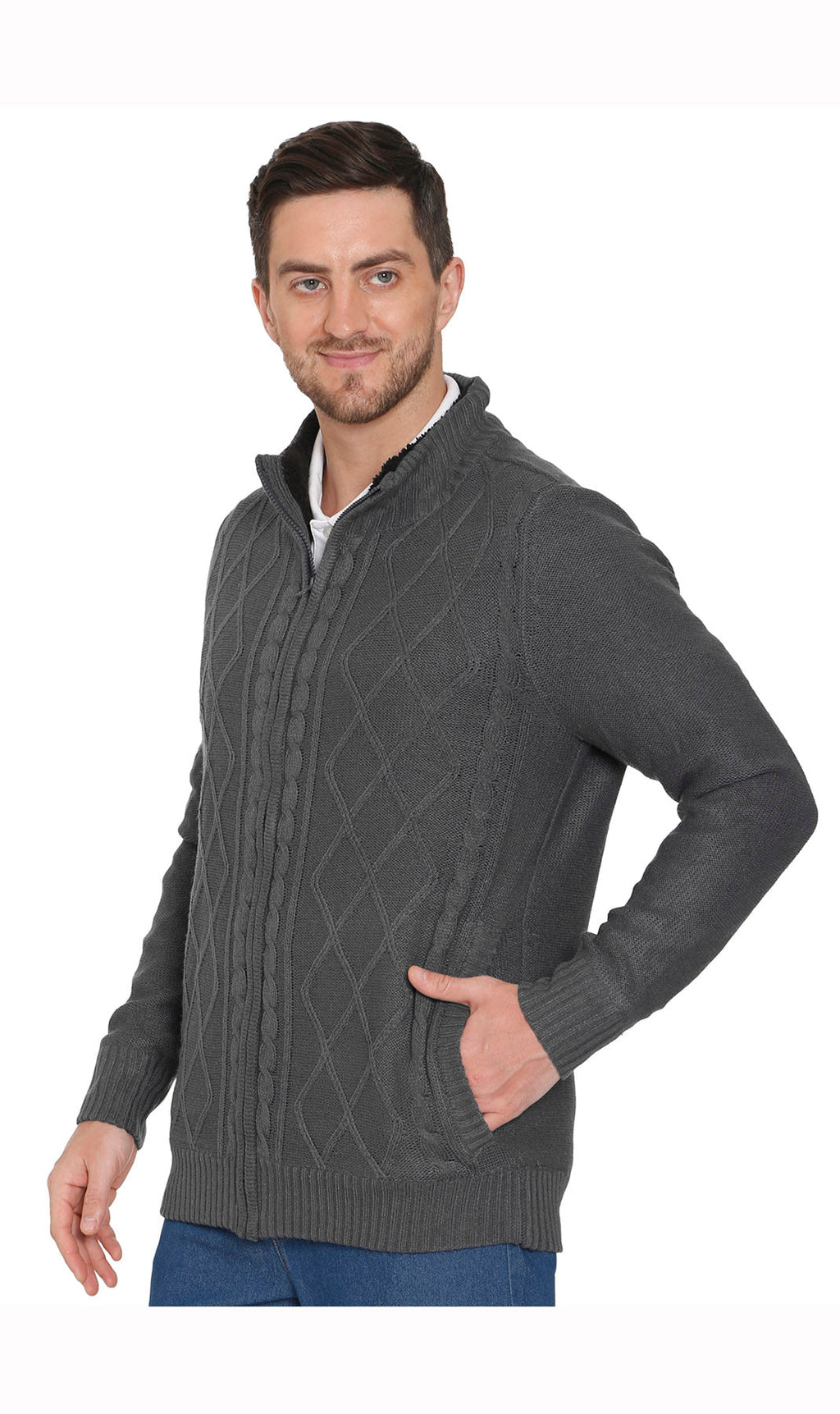 Men's sherpa fleece lined zip-front sweater jacket in charcoal with zip collar