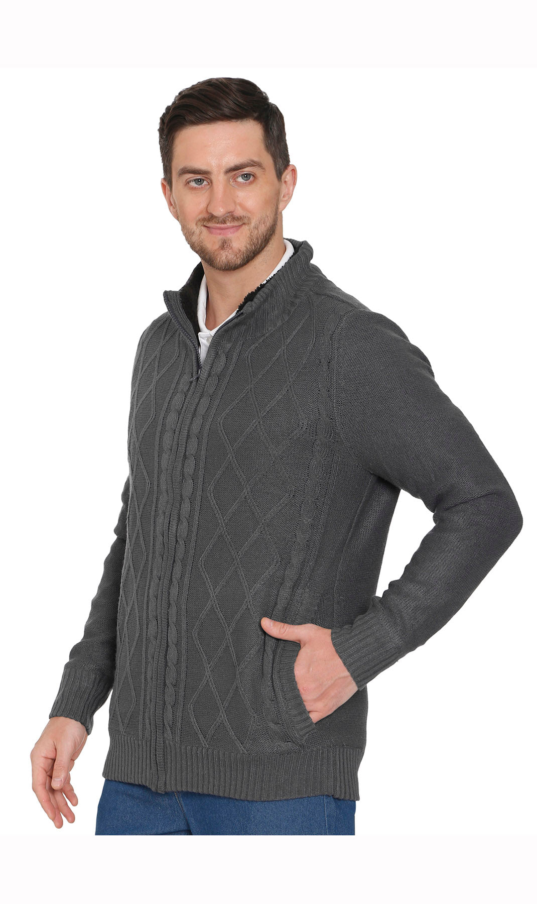 Men's sherpa fleece lined zip-front sweater jacket in charcoal with zip collar