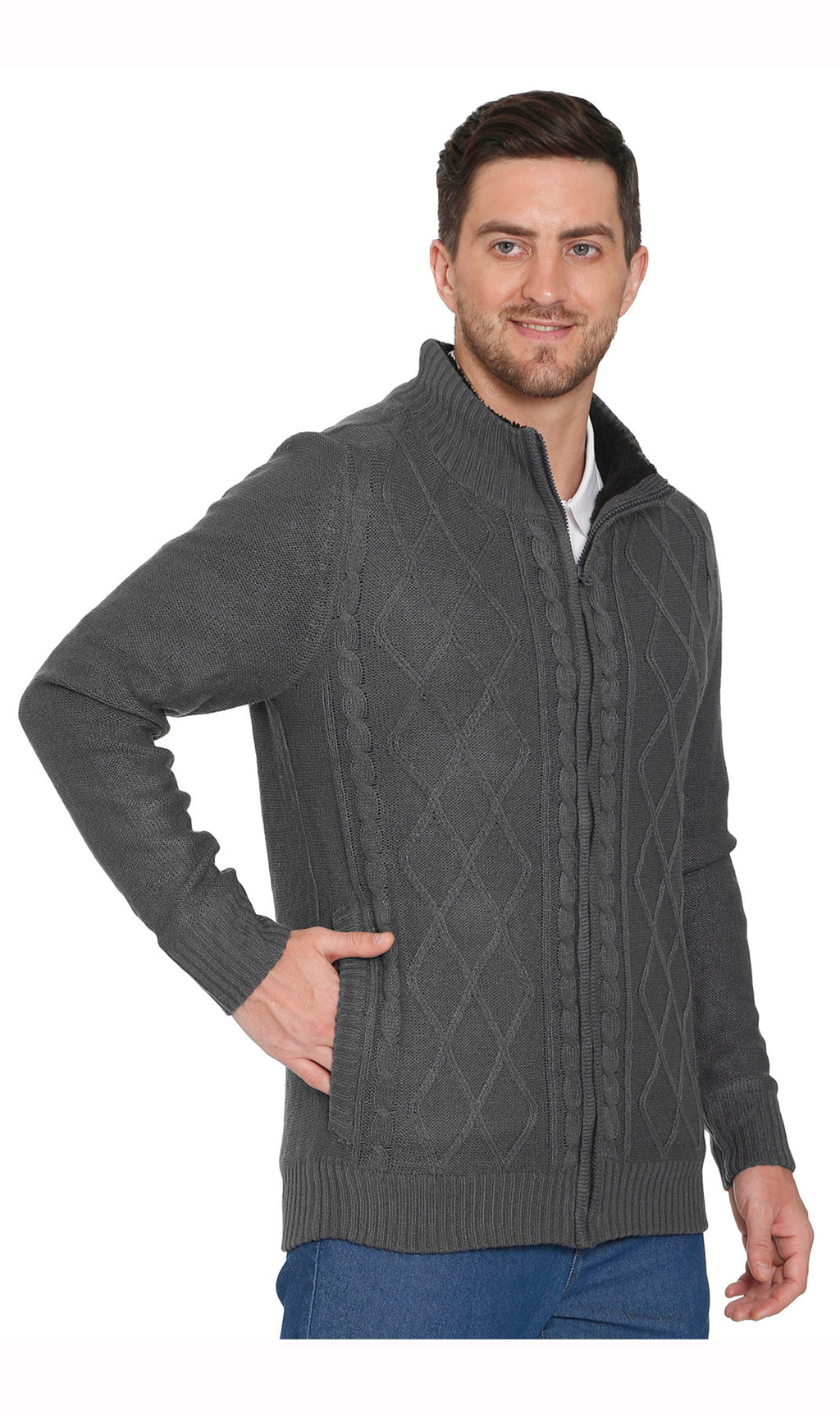 Men's sherpa fleece lined zip-front sweater jacket in charcoal, angled front view