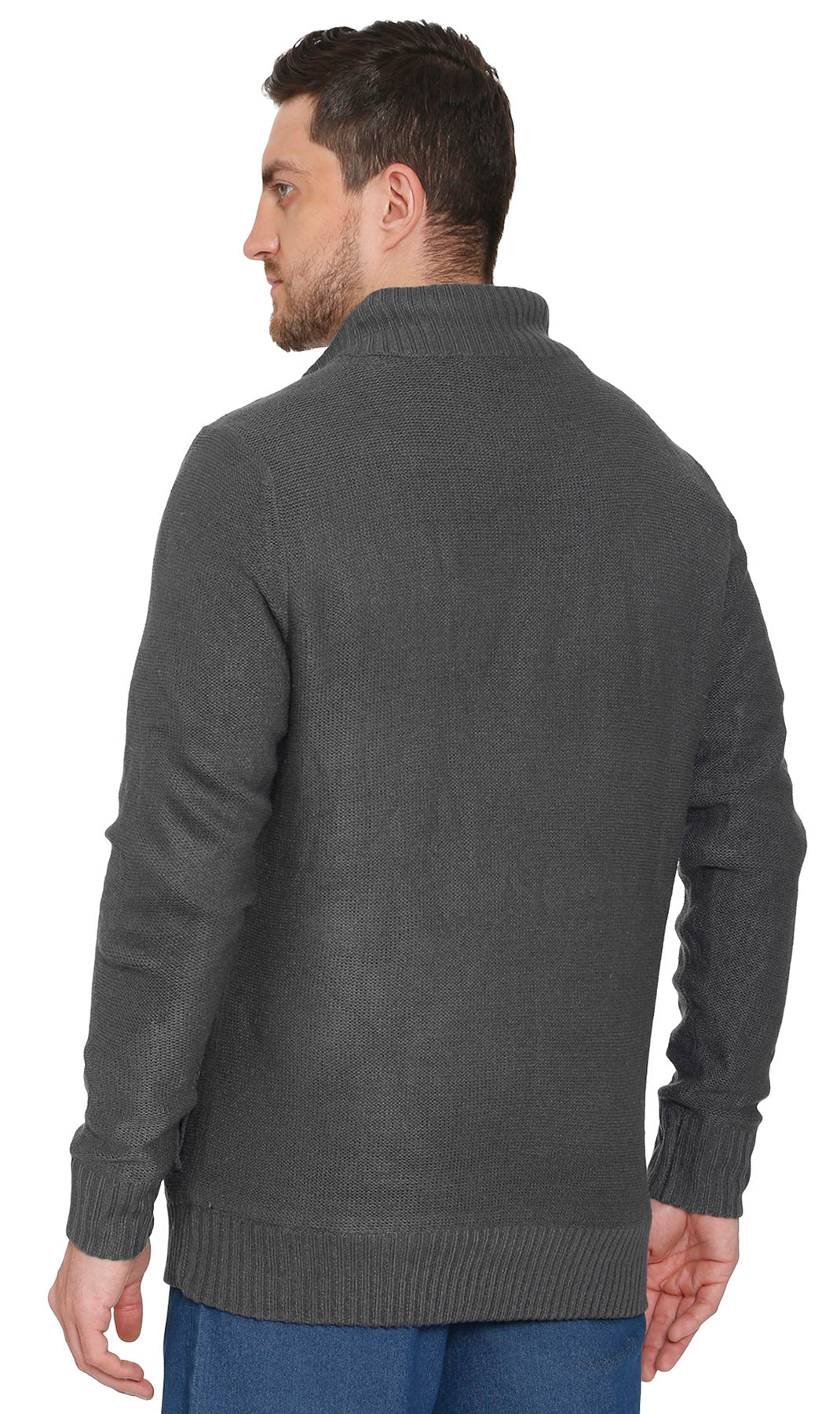 Men's sherpa fleece lined zip-front sweater jacket in charcoal, back view