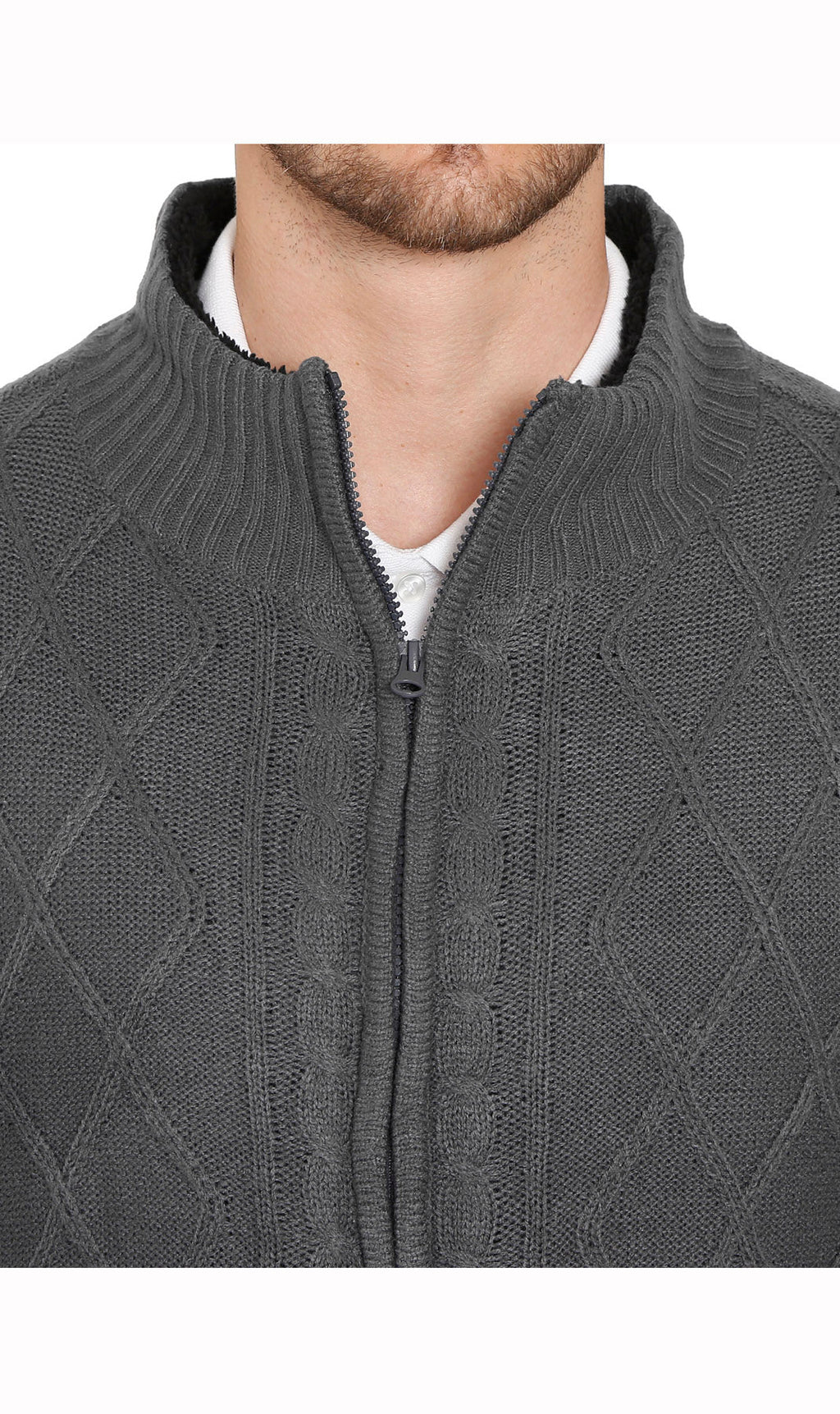 Men's sherpa fleece lined zip-front sweater jacket in charcoal, close-up of zipper