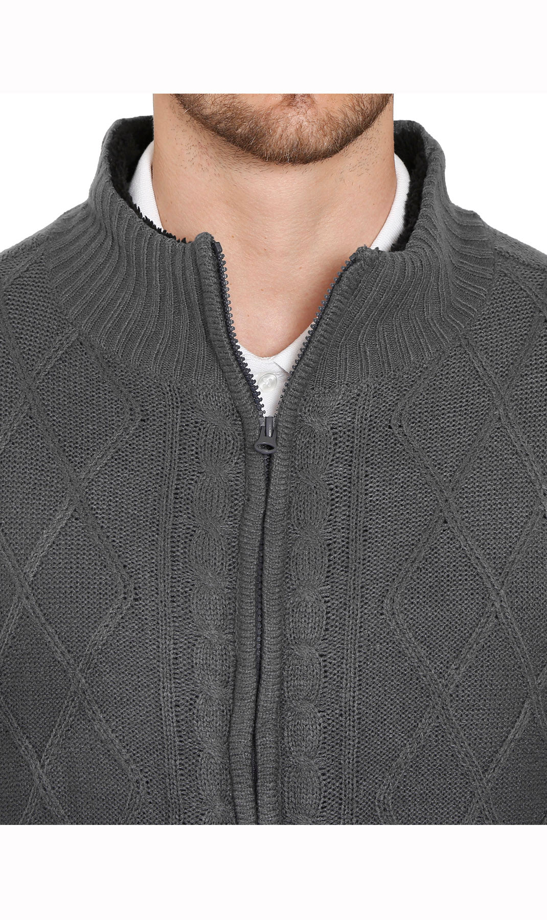 Men's sherpa fleece lined zip-front sweater jacket in charcoal, close-up of zipper