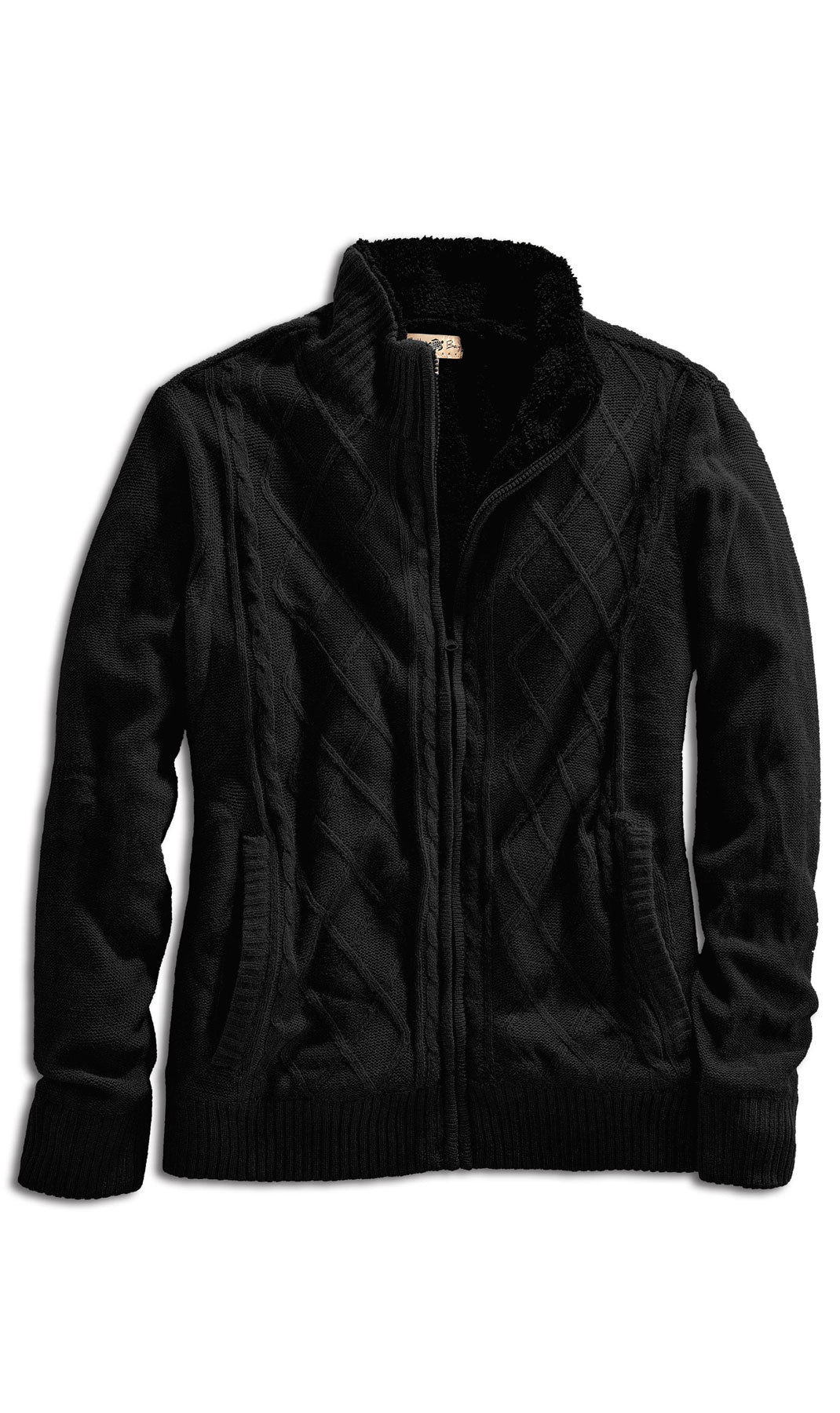 Black sherpa fleece-lined zip front sweater jacket, quilted diamond knit