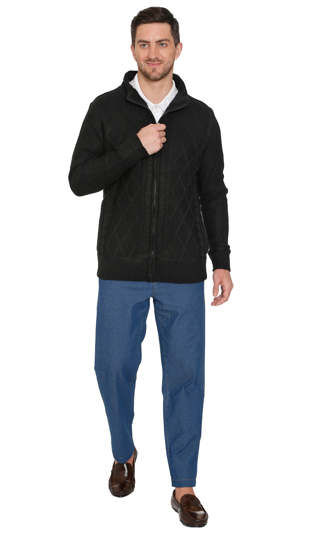 Black sherpa fleece-lined zip front sweater jacket with ribbed hem and cuffs