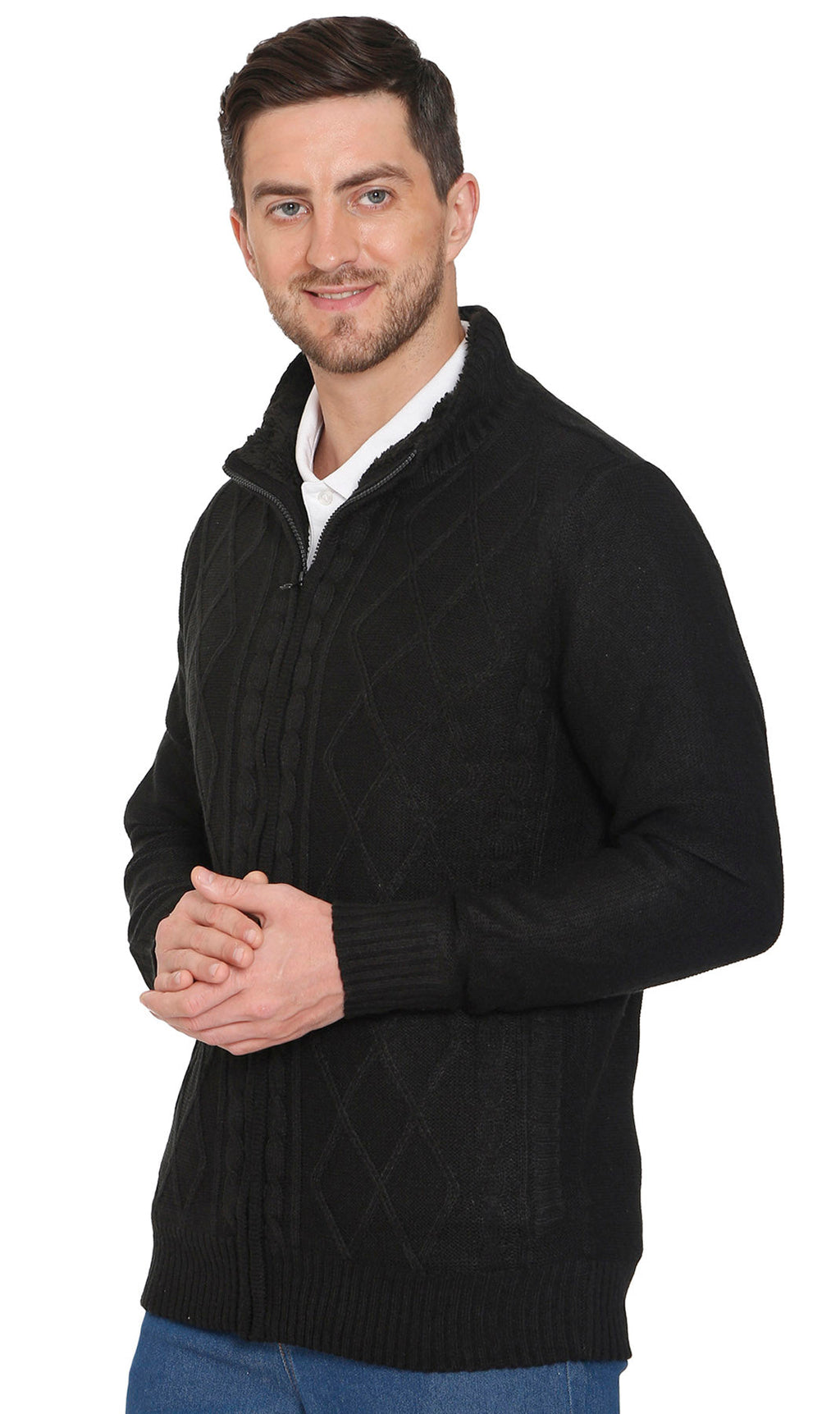 Black sherpa fleece-lined zip front sweater jacket with diamond knit texture