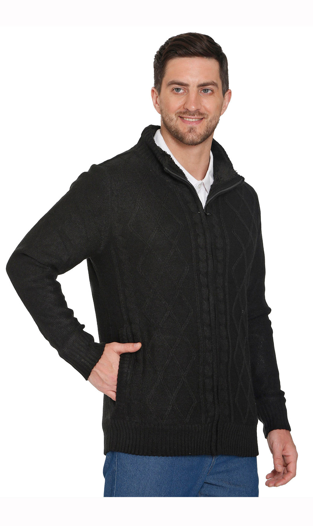 Black zip-front sweater jacket with sherpa fleece collar and ribbed cuffs