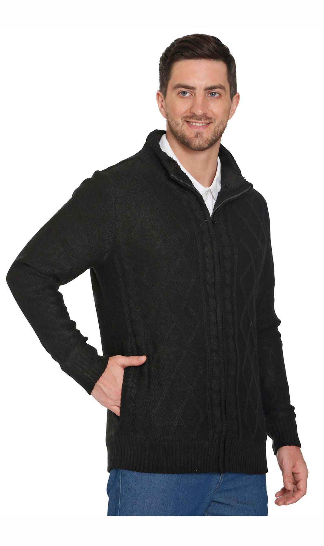 Black zip-front sweater jacket with sherpa fleece collar and ribbed cuffs
