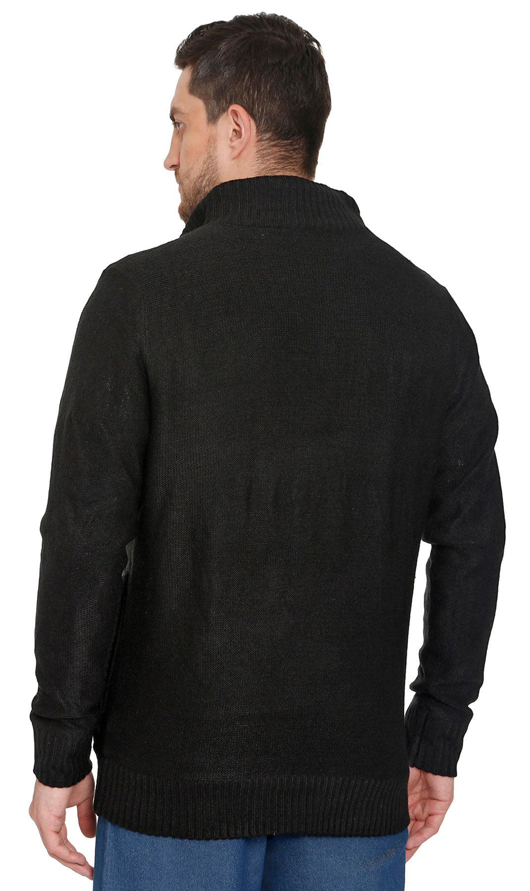 Men's sherpa fleece lined zip-front sweater jacket in black, back view