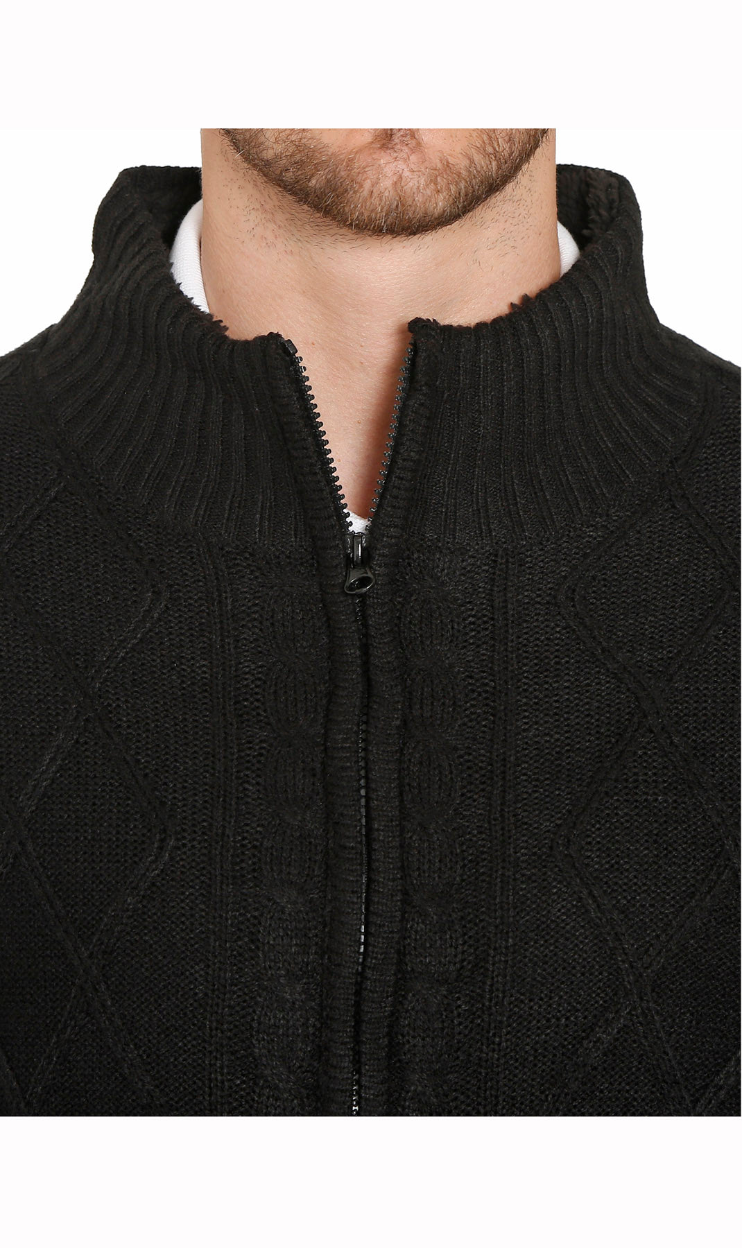 Close-up of black zip-front sweater jacket with sherpa fleece-lined collar