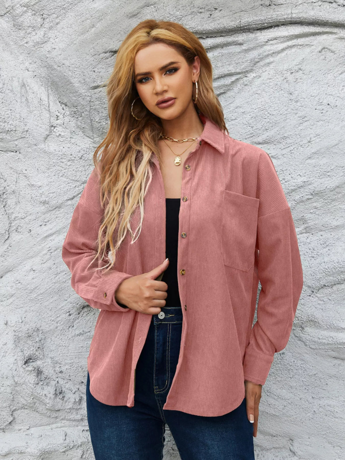 Pink corduroy button-front shirt with chest pocket and button placket