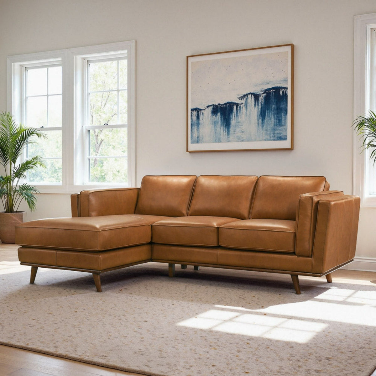 Light brown sectional sofa with chaise corner and square seat cushions