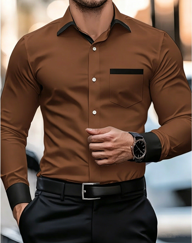 Men's brown contrast-color dress shirt, black collar and sleeve cuff trim, button-up