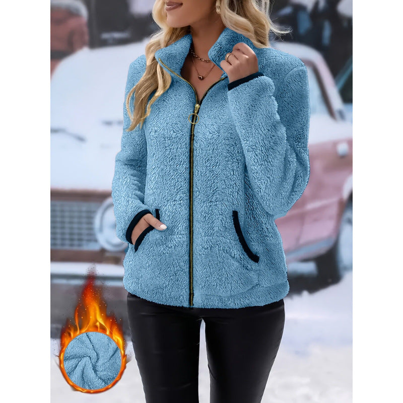 Blue fleece zip-up cardigan with hood, front zipper, front pockets