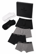 Brevar underwear and socks gift box with white and black socks, black and gray boxer briefs