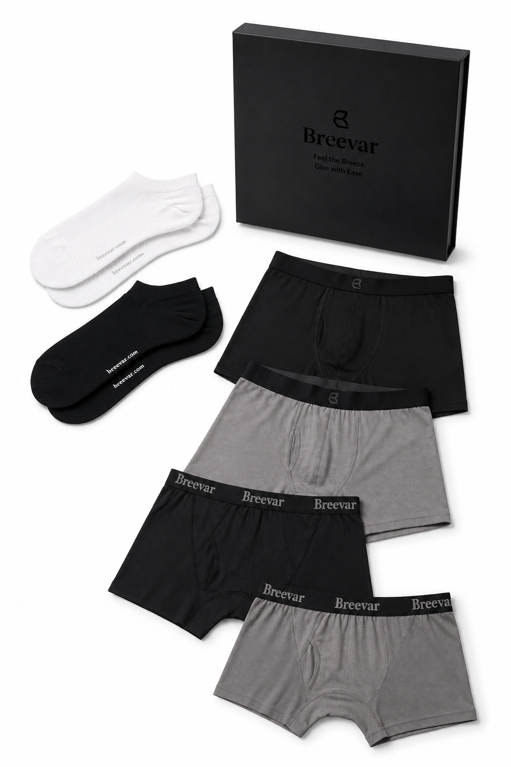 Brevar underwear and socks gift box with white and black socks, black and gray boxer briefs