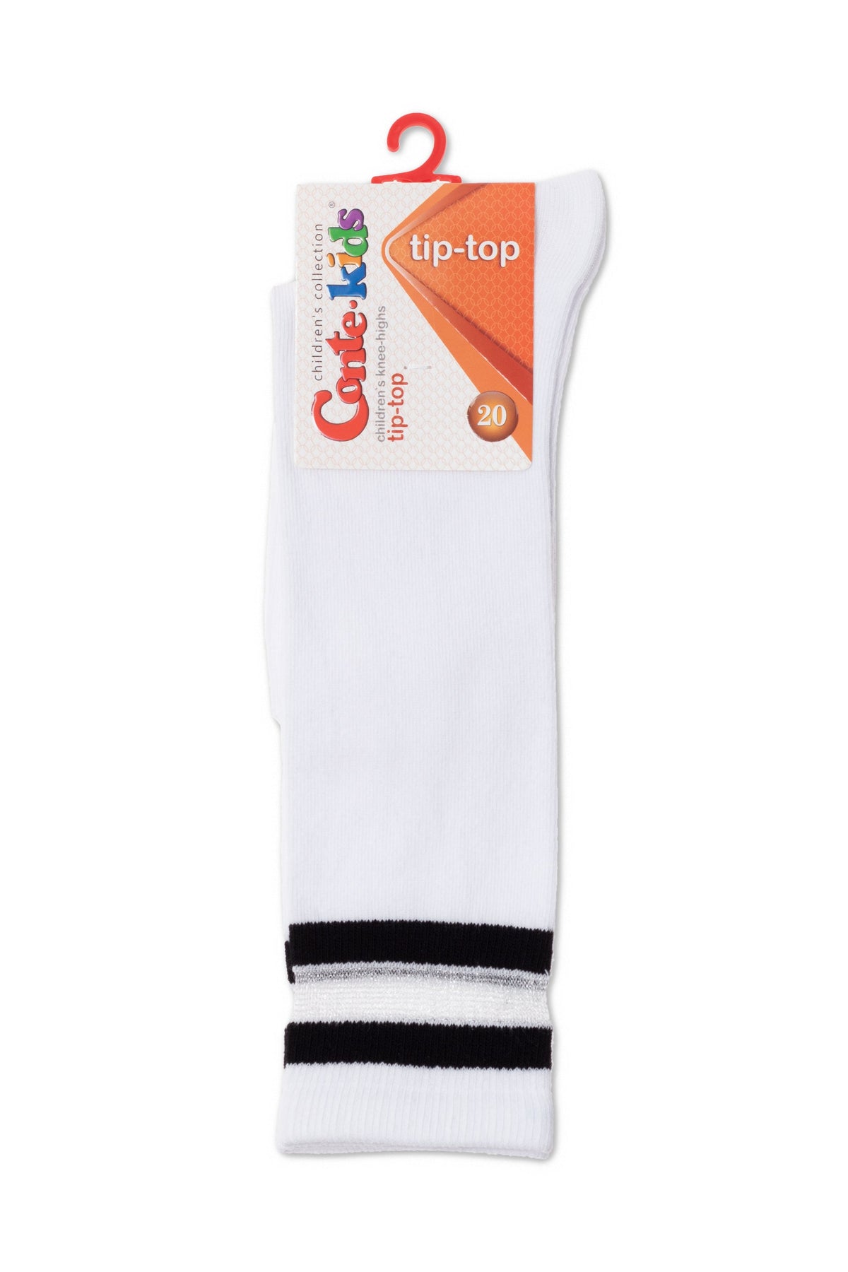 Kids knee-high cotton socks, white with black stripe cuff, shown on packaging