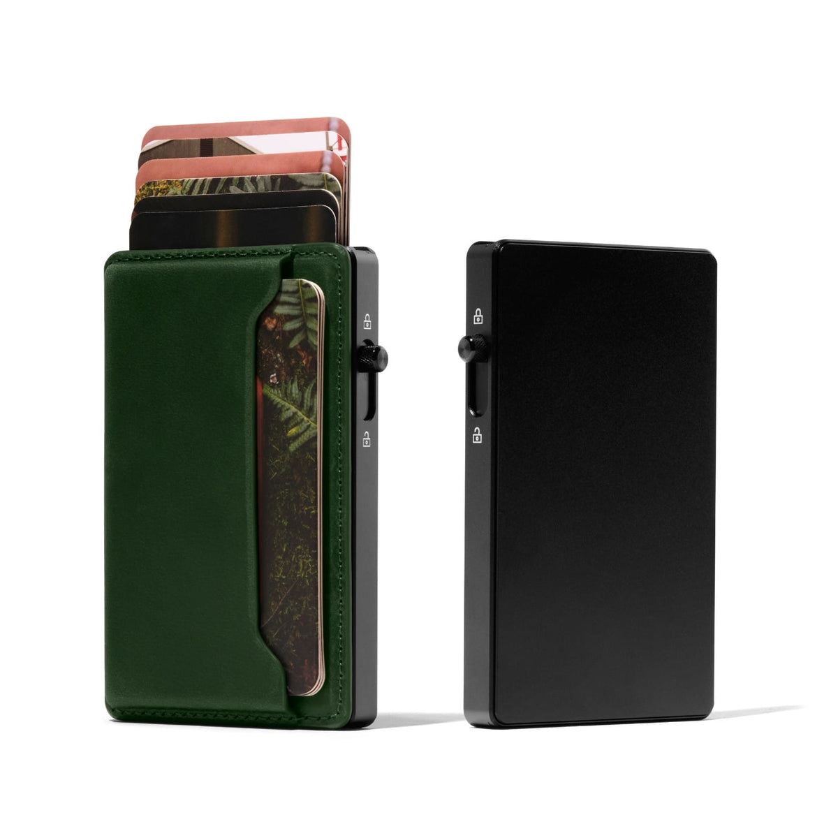 Green phone wallet with side card pocket and patterned insert, front and back