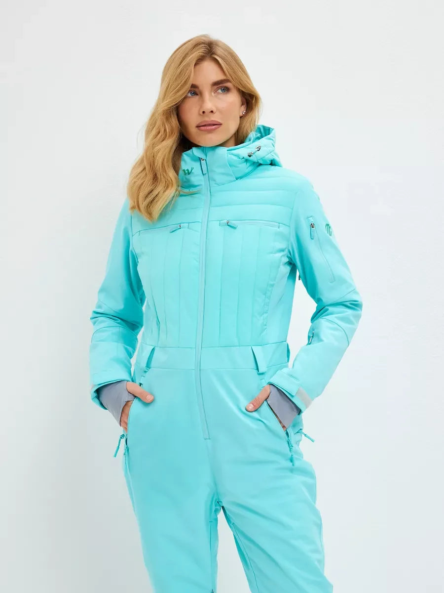 Mint waterproof insulated ski jumpsuit with hood and front pockets, hands at sides.