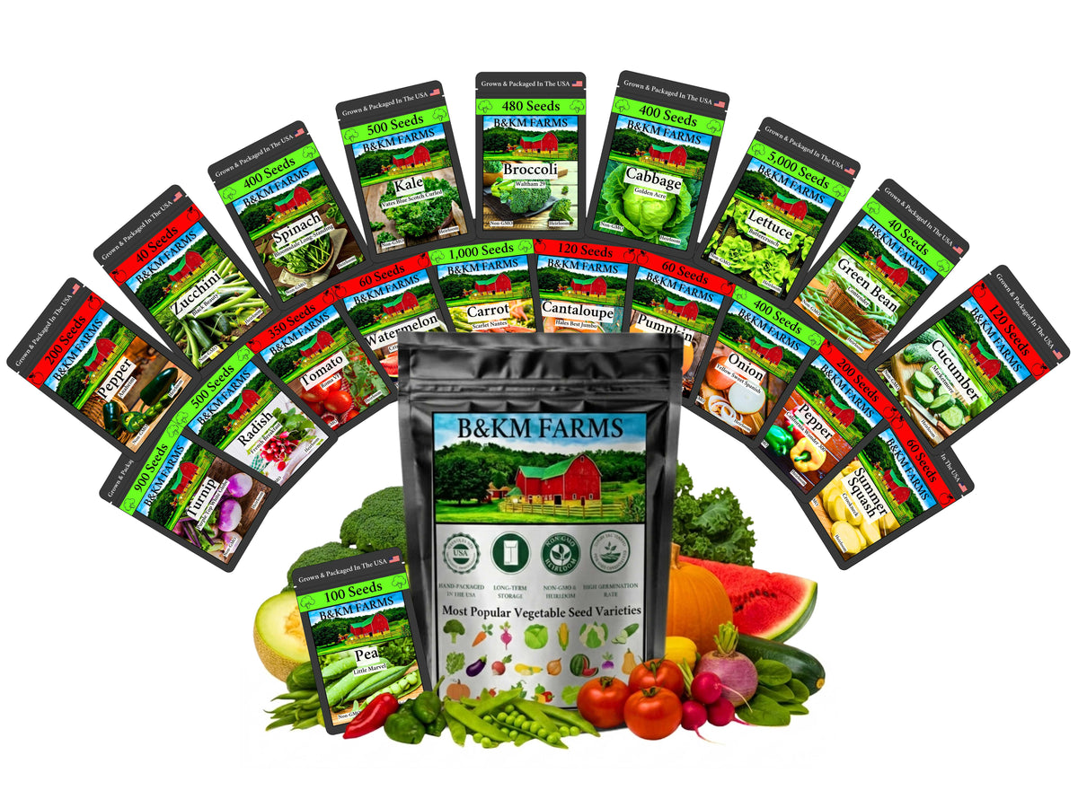 Assorted vegetable herb seed packets with B&M FARMS seed vault pouch