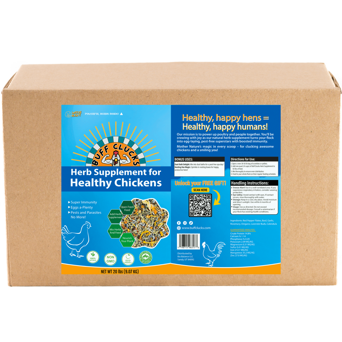 Cardboard package with herb supplement for healthy chickens label, blue and yellow