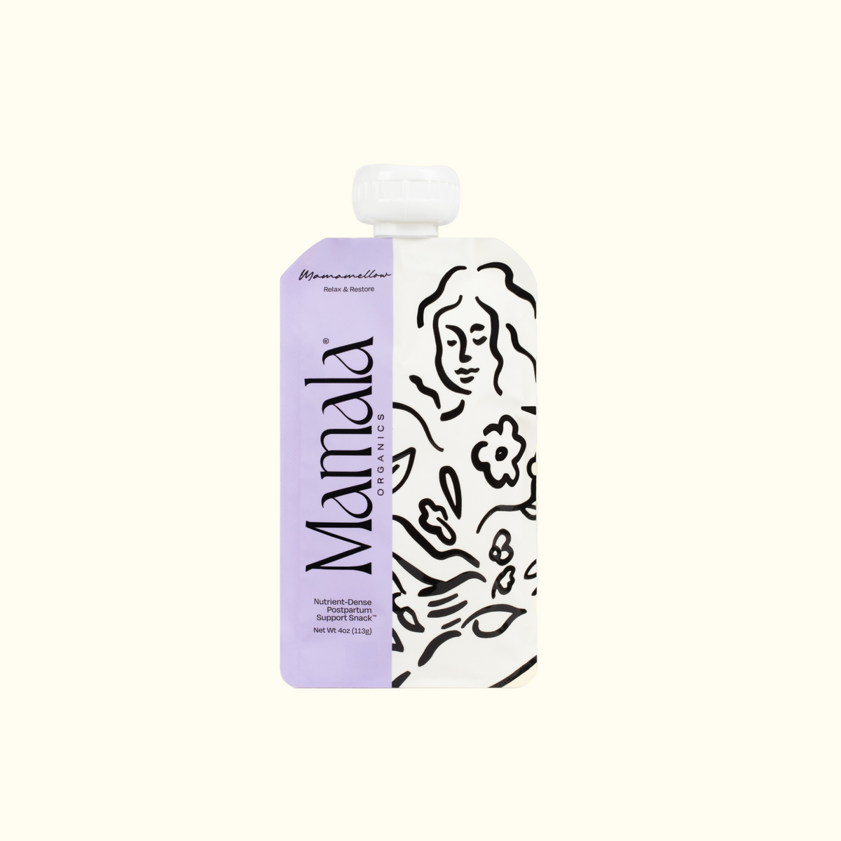 Mamamellow Support Snack™ pouch with purple-and-white design and white flip-top spout