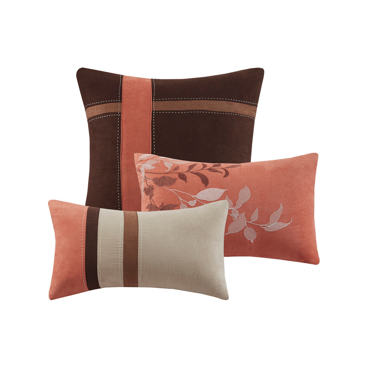 Decorative pillows with faux suede in brown, coral, and cream with stitched borders