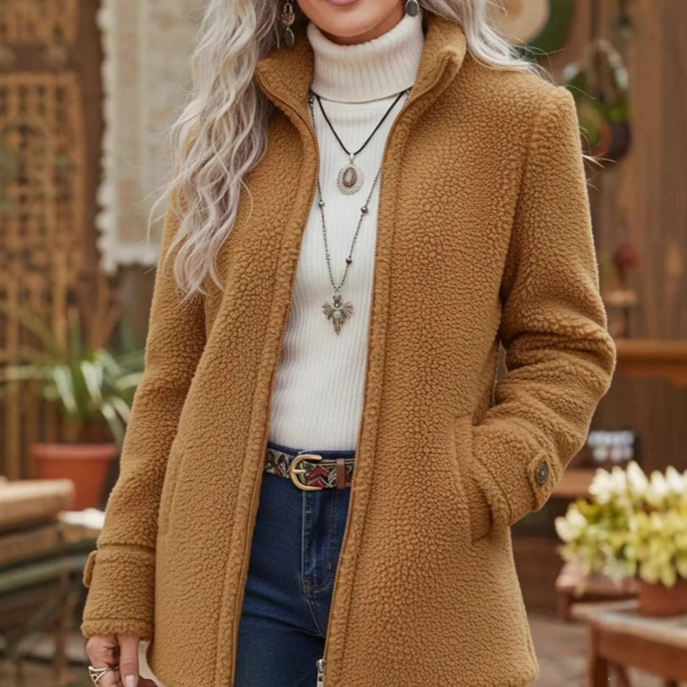 Women's brown fleece zip-up jacket with stand collar, long sleeves
