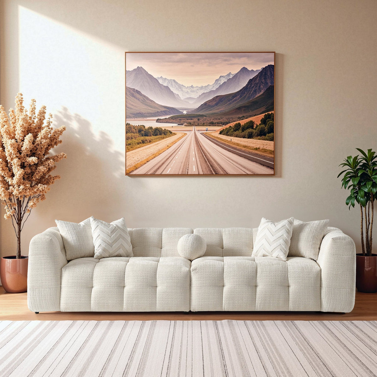 White tufted modular sectional sofa with three-seat back and chaise extension