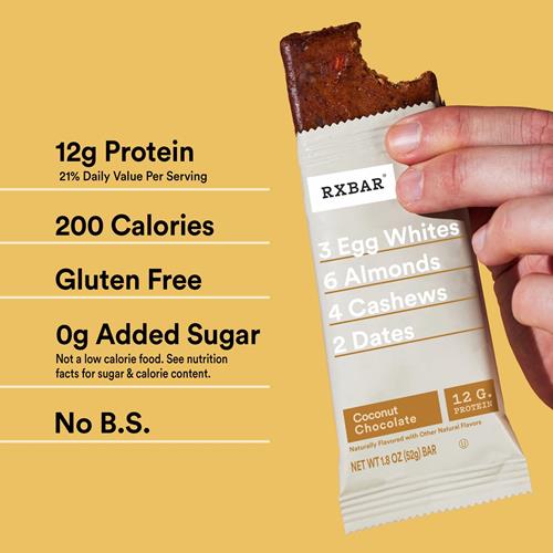 Coconut Chocolate protein bar and label showing 12g protein and 200 calories