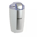 White electric coffee grinder with clear lid and stainless hopper
