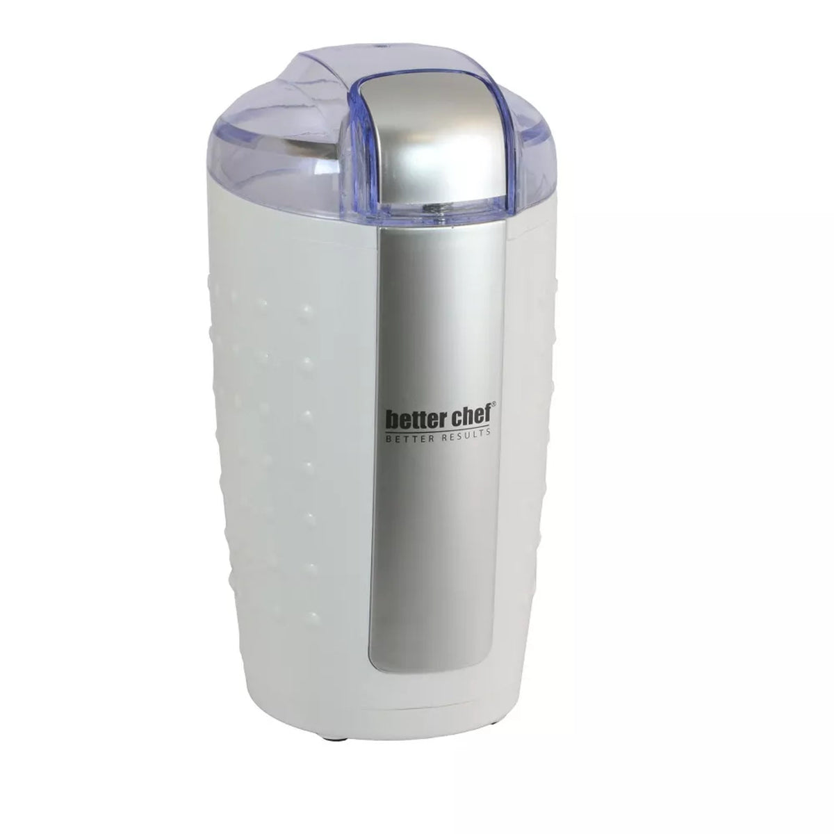 White electric coffee grinder with clear lid and stainless hopper