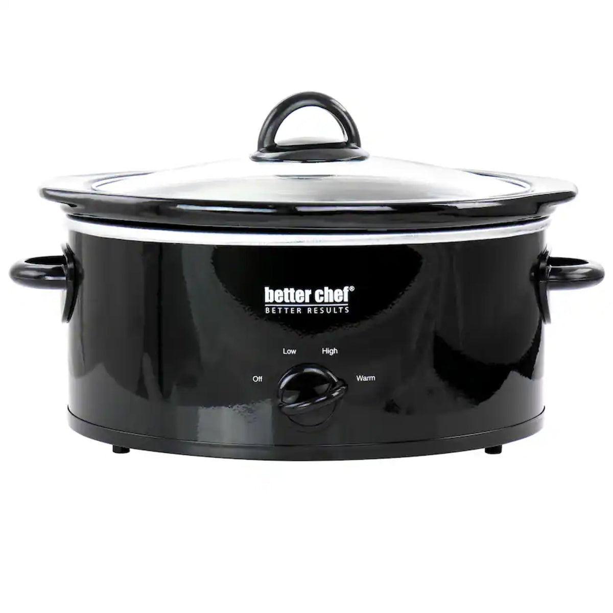 Black 3-quart oval slow cooker with glass lid and side handles, control dial