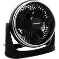 Black 9-inch Impress desk fan with circular grille and chrome rim, front view