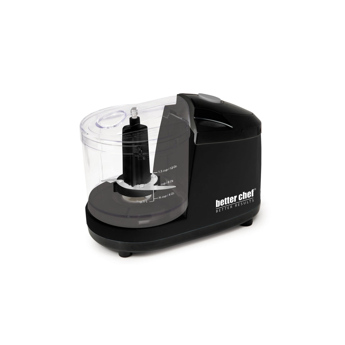 Black compact electric chopper with clear bowl and locking blade assembly