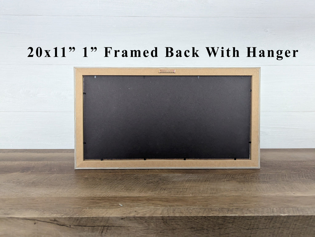 Framed back with hanger, 20x11 in, 1 in frame; dark backing board