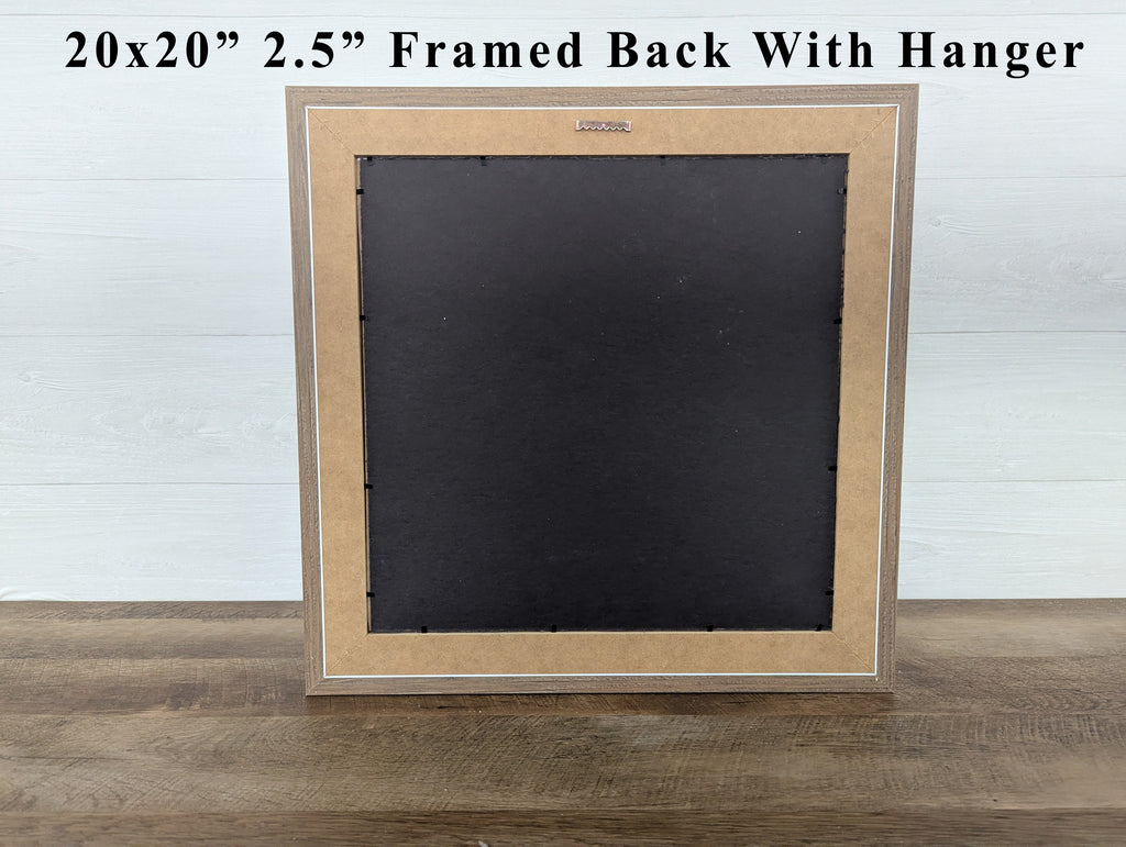 Framed wall art back view with hanging hardware, black backing panel
