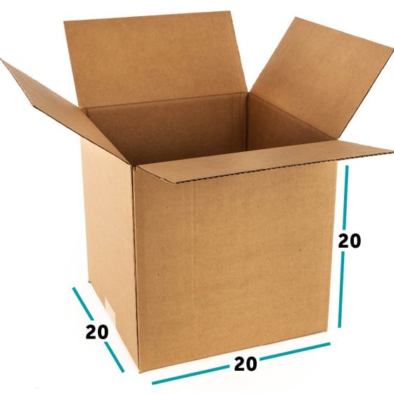 Brown cardboard shipping box with open lid and 20" size markings