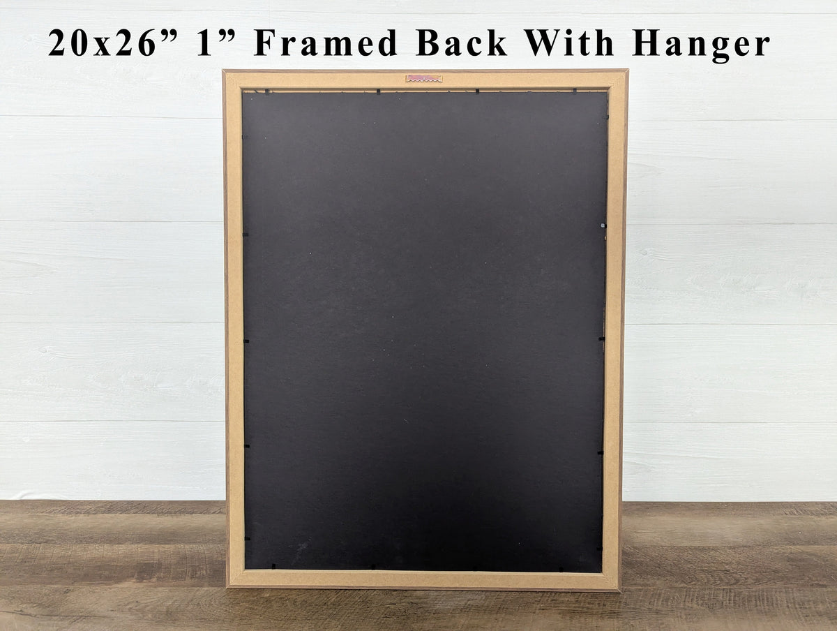Back of framed wall art with hanging hardware, 20x26 in, 1 in frame