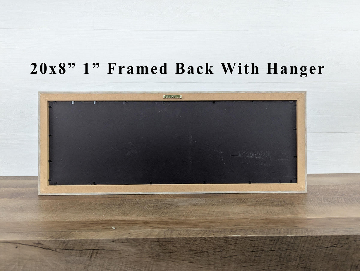 20x8" framed wall art back with hanger in light wood frame and dark backing