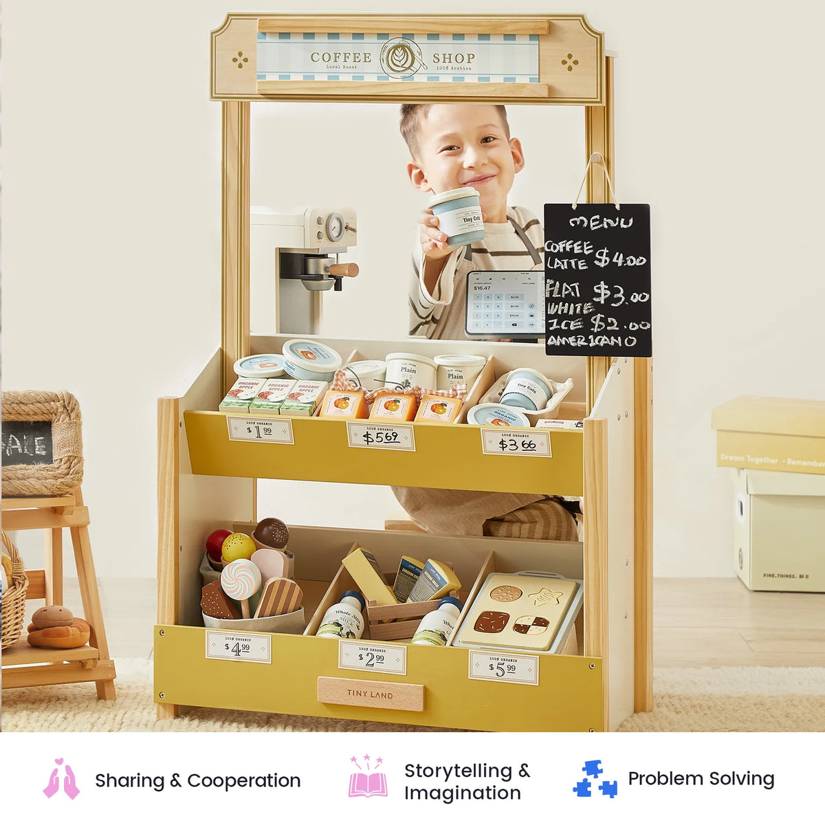 Tiny Land® kids grocery store playset styled as a coffee shop with menu board