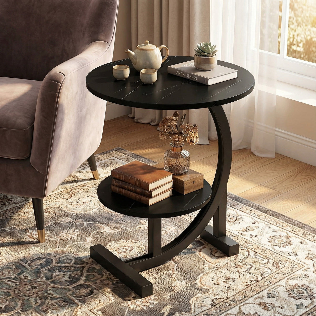 Black round side table with two-tier shelf and curved metal base.